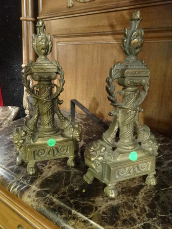 PAIR VINTAGE BRASS ANDIRONS, CLASSICAL COLUMN DESIGN: PAIR VINTAGE BRASS ANDIRONS, CLASSICAL COLUMN DESIGN WITH LAURELS, APPROX 15"H