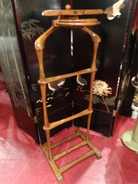 VINTAGE WOOD VALET STAND WITH TIE RACK AND DISH, APPROX: VINTAGE WOOD VALET STAND WITH TIE RACK AND DISH, APPROX 4'H, SKU358.1