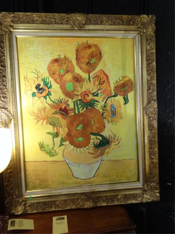 FINE QUALITY REPRODUCTION VINCENT VAN GOGH OIL PAINTING: FINE QUALITY REPRODUCTION VINCENT VAN GOGH OIL PAINTING ON CANVAS, VASE OF SUNFLOWERS, MUSEUM AUTHORIZED REPRODUCTION WITH CERTIFICATE, MADE IN ITALY, IN CARVED WOOD FRAME, APPROX 44" X 36", SKU265.22