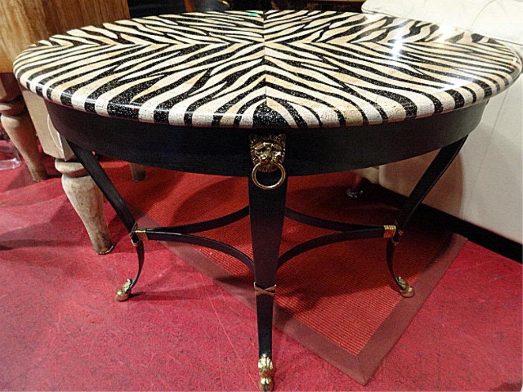 MAITLAND SMITH ZEBRA STRIPE TABLE, BLACK FINISH METAL: MAITLAND SMITH ZEBRA STRIPE TABLE, BLACK FINISH METAL BASE, GOLD FINISH LION HEAD DETAIL AND PAW FEET, SKU388.03
