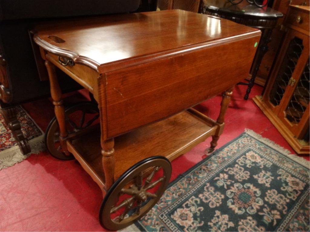 VINTAGE WOOD SERVING CART ON WHEELS, 2 TIERS, SINGLE