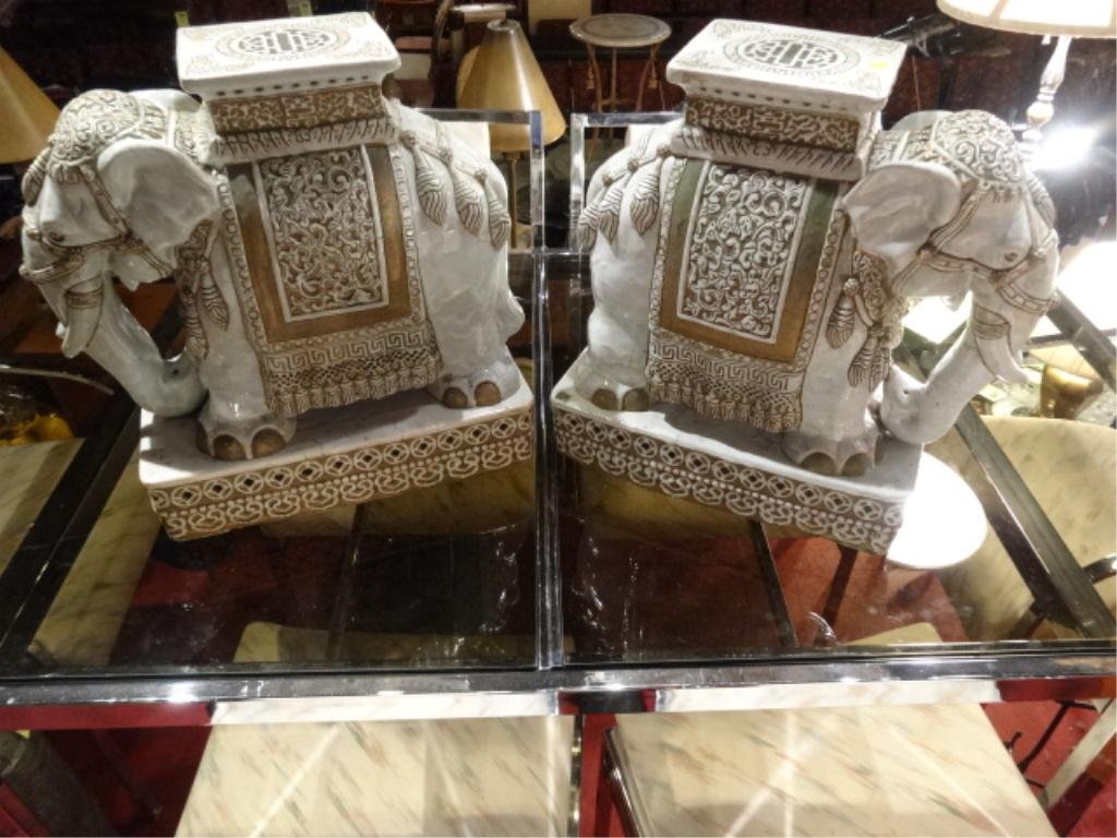 PAIR OF CERAMIC ELEPHANT GARDEN STOOLS, VERY GOOD: PAIR OF CERAMIC ELEPHANT GARDEN STOOLS, VERY GOOD CONDITION, ONE SMALL REPAIR TO ONE TUSK, APPROX 21"H, SKU397.01