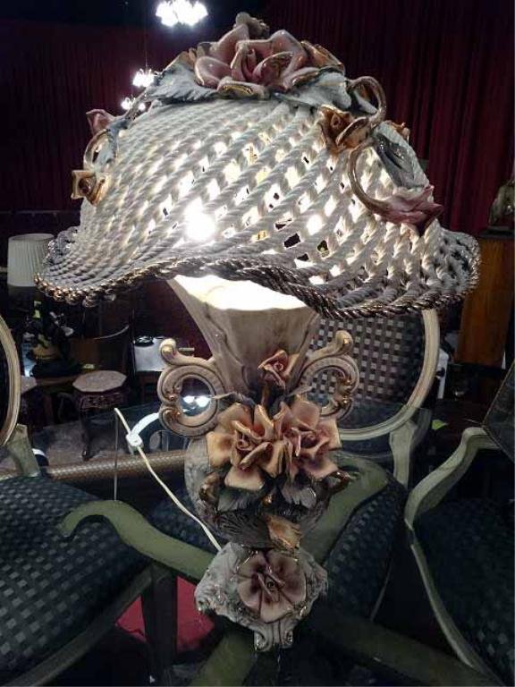 CAPODIMONTE PORCELAIN ROCOCO STYLE TABLE LAMP WITH: CAPODIMONTE PORCELAIN ROCOCO STYLE TABLE LAMP WITH PORCELAIN BASKETWEAVE SHADE, URN AND FLORAL BASE, WITH CAPODIMONTE "N" AND CROWN MARK, MADE IN ITALY, EXCELLENT CONDITION WITH NO CHIPS NOTICED, APPR