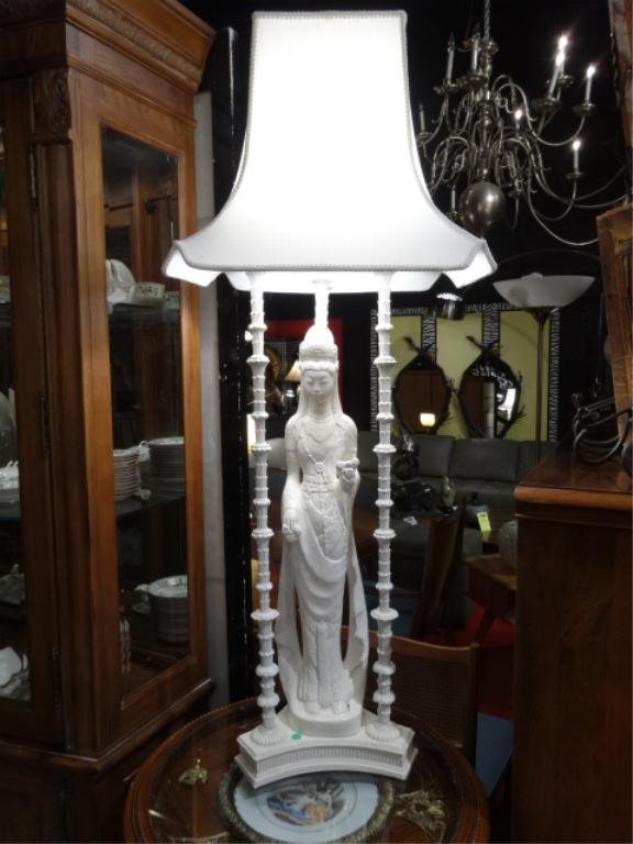 TALL QUAN YIN LAMP, MID CENTURY, IN THE STYLE OF JAMES: TALL QUAN YIN LAMP, MID CENTURY, IN THE STYLE OF JAMES MONT OR TONY DUQUETTE, LACQUERED METAL, DEPICTING GODDESS OF MERCY SURROUNDED BY 3 COLUMN SHRINE, PAGODA SHADE, APPROX 50"H, SKU284.01