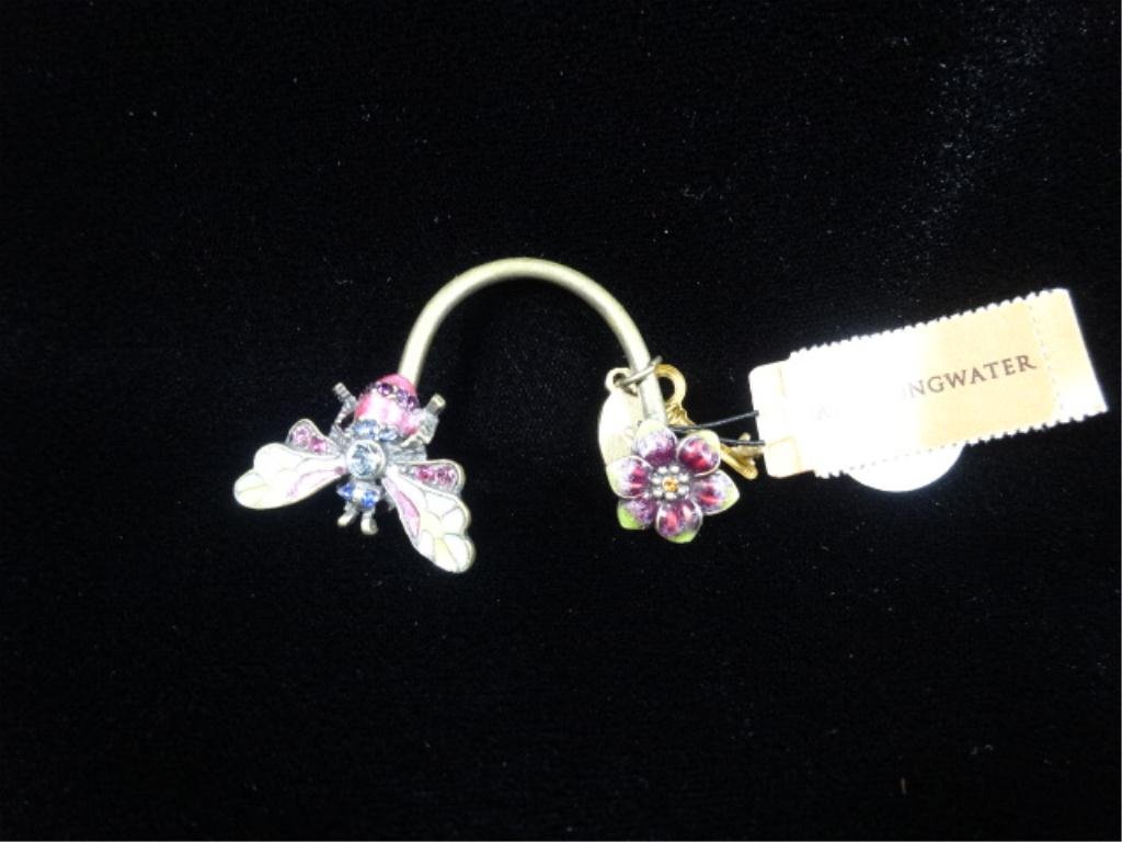 JAY STRONGWATER KEY CHAIN, SWAROVSKI CRYSTALS, HALF: JAY STRONGWATER KEY CHAIN, SWAROVSKI CRYSTALS, HALF ROUND, BUTTERFLIES AND FLOWERS, TAG ATTACHED, APPROX 1.75" X 2.5", SKU7342.19
