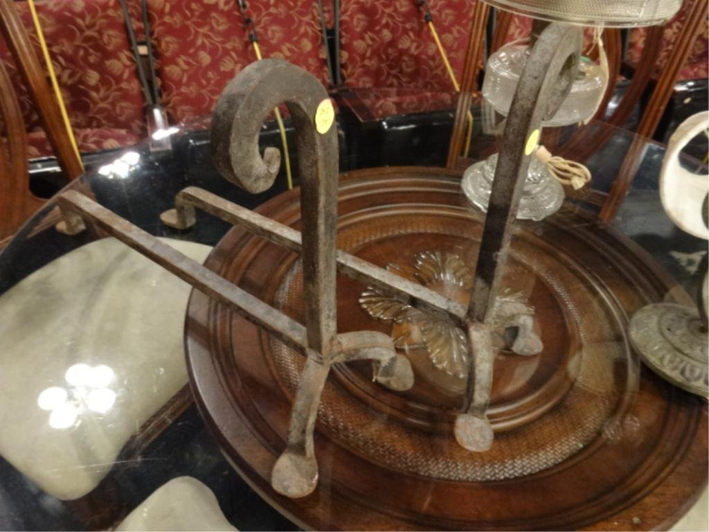PAIR METAL ANDIRONS, CURVED TOPS, APPROX 18"H,: PAIR METAL ANDIRONS, CURVED TOPS, APPROX 18"H, SKU383.35