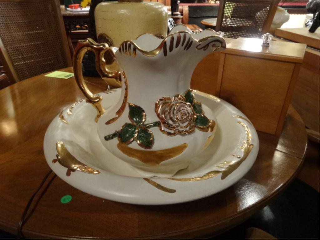 2 PC PITCHER & WASHBASIN SET, SIGNED YOLANDE RANDALL,: 2 PC PITCHER & WASHBASIN SET, SIGNED YOLANDE RANDALL, EACH WITH HOLE IN BASE FOR LAMP CONVERSION, PITCHER APPROX 10"H, SKU5412.04