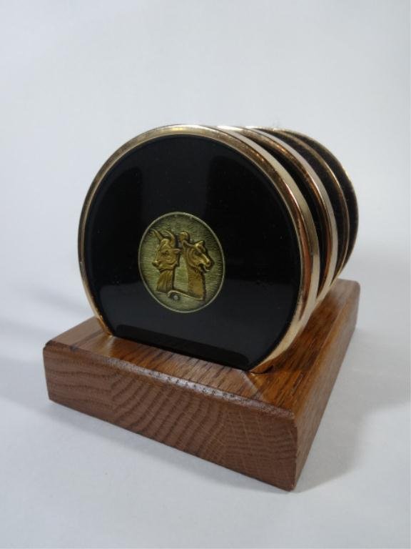 SET OF 4 BRASS BULL & BEAR COASTERS WITH RACK, COASTERS: SET OF 4 BRASS BULL & BEAR COASTERS WITH RACK, COASTERS APPROX 3.5" DIAMETER, SKU415.28