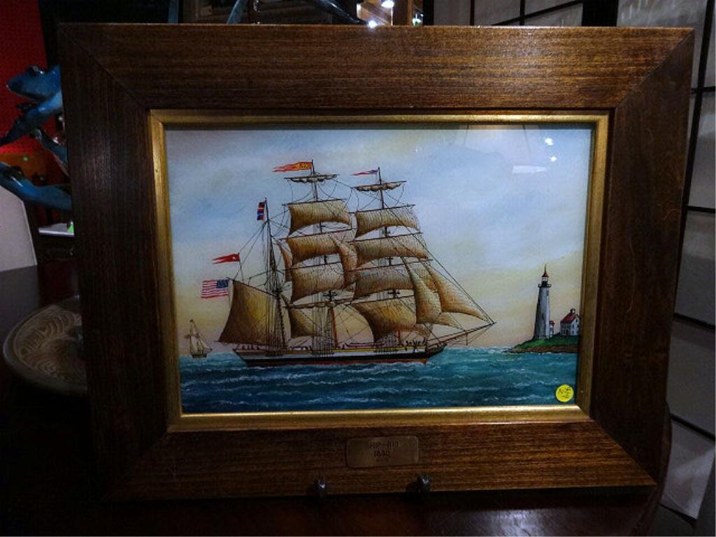 MILTON BOND REVERSE GLASS PAINTING, TALL SHIP &: MILTON BOND REVERSE GLASS PAINTING, TALL SHIP & LIGHTHOUSE - "SHIP-RIO, 1840", SIGNED MILTON BOND 1980 LOWER LEFT AND IN PEN ON VERSO, APPROX 18.5" X 23.75" FRAMED, SKU419.02