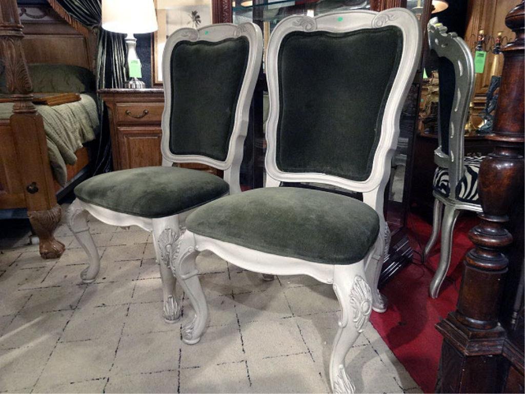 2 THOMASVILLE FRENCH STYLE CHAIRS, WHITE FINISH, SAGE: 2 THOMASVILLE FRENCH STYLE CHAIRS, WHITE FINISH, SAGE GREEN VELVET UPHOLSTERY, SKU424.02