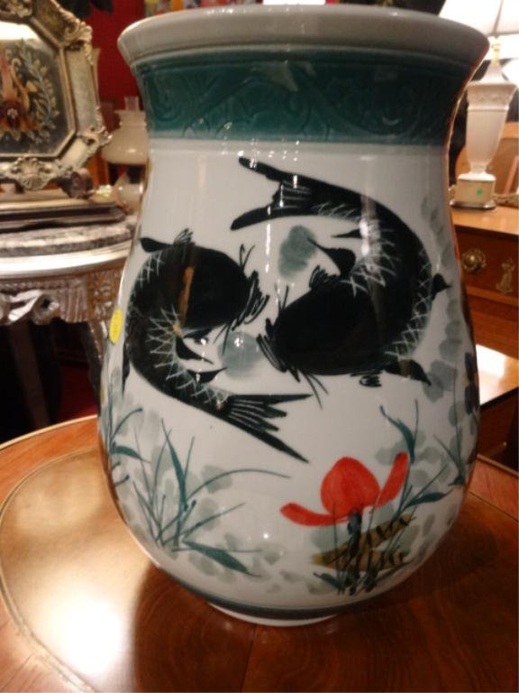CHINESE CERAMIC VASE, BLACK KOI FISH DESIGN, APPROX: CHINESE CERAMIC VASE, BLACK KOI FISH DESIGN, APPROX 13.5"H, SKU411.04