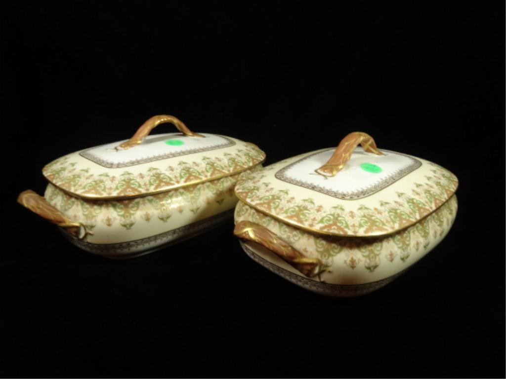 2 LIMOGES PORCELAIN BOXES, 19TH C. CHARLES AHRENFELDT: 2 LIMOGES PORCELAIN BOXES, 19TH C. CHARLES AHRENFELDT FOR TYNDALE & MITCHELL DEPARTMENT STORE, WITH LIDS, IMPORTED FROM FRANCE, APPROX 5" X 11.5" X 6.75", SKU7280.06