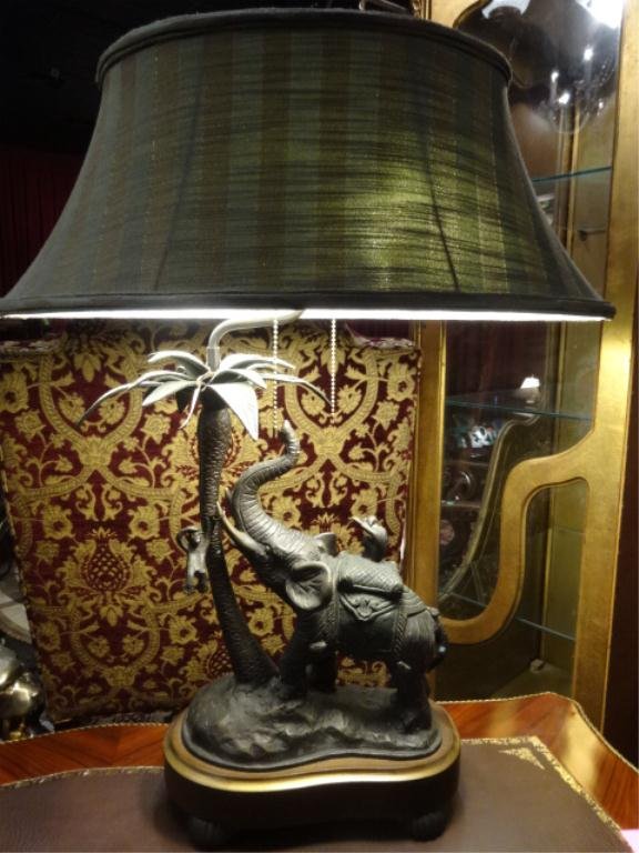 BRONZE ELEPHANT LAMP, WITH PALM TREE AND MONKEY, APPROX