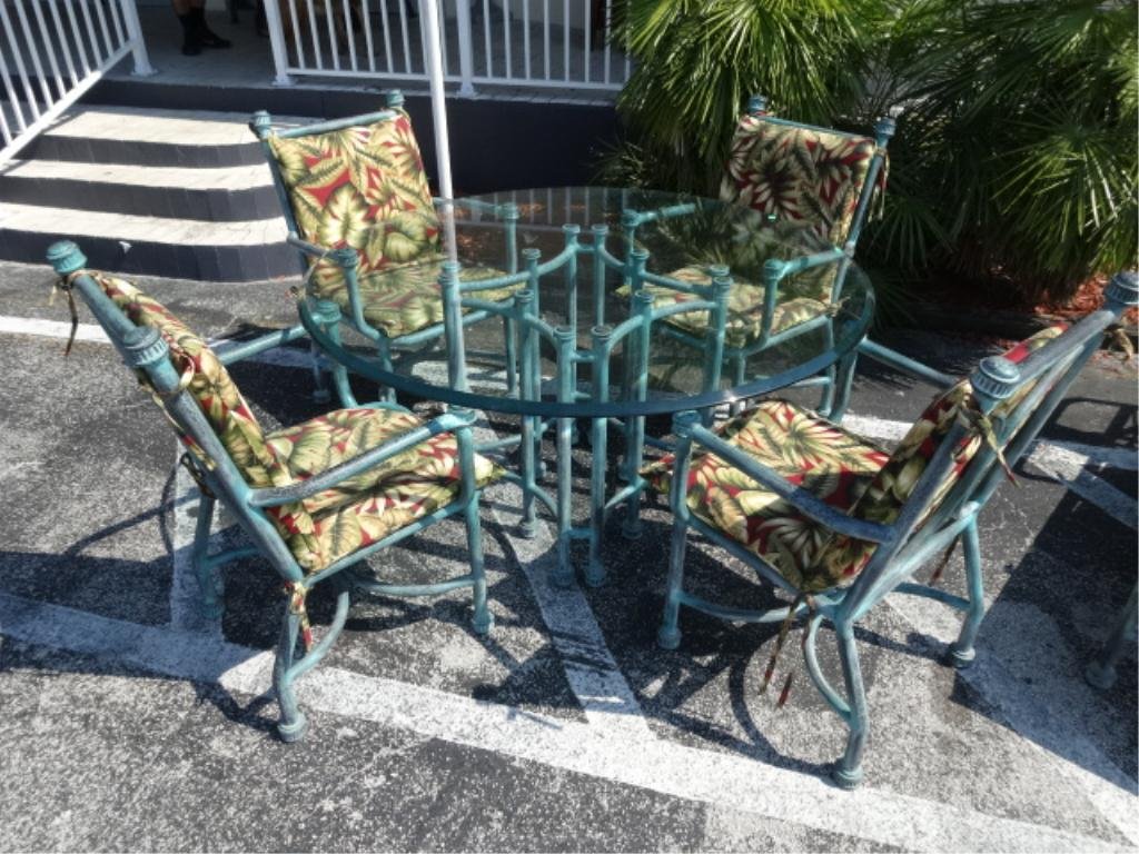 5 PC PATIO SET, VERDIGRIS METAL BASE TABLE, CHAIRS, AND: 5 PC PATIO SET, VERDIGRIS METAL BASE TABLE, CHAIRS, AND CHAISE WITH PALM PRINT CUSHIONS, EXCELLENT CONDITION, DO NOT APPEAR TO HAVE BEEN USED OUTDOORS