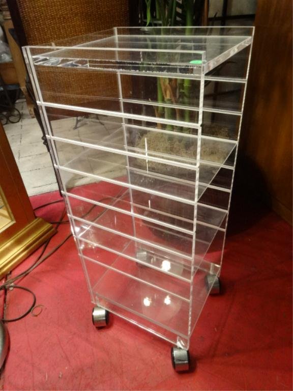 LUCITE ROLLING ORGANIZER CART, ON CASTERS: LUCITE ROLLING ORGANIZER CART, ON CASTERS