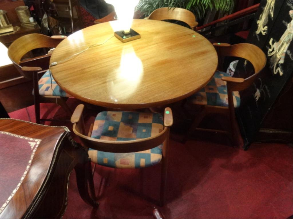 MID CENTURY MODERN DINING TABLE AND 4 CHAIRS, CIRCA: MID CENTURY MODERN DINING TABLE AND 4 CHAIRS, CIRCA 1950's, UNLABELED, VERY SOLID VINTAGE CONDITION, SOME FADING ON TABLE TOP