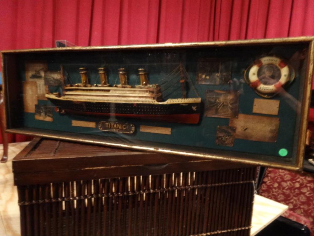 OCEAN LINER TITANIC DIORAMA, FRAMED BEHIND GLASS,: OCEAN LINER TITANIC DIORAMA, FRAMED BEHIND GLASS, APPROX 41"W X 13"H