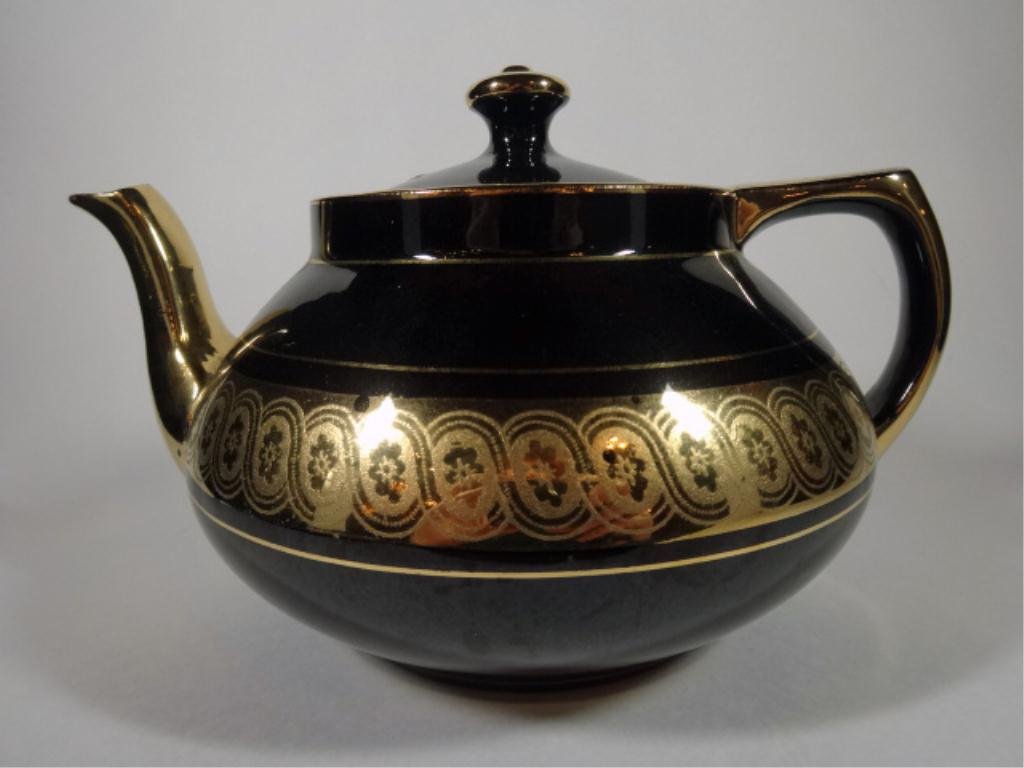 SEVRES TEAPOT, BLACK WITH GOLD TRIM, MARKED GIBSON &: SEVRES TEAPOT, BLACK WITH GOLD TRIM, MARKED GIBSON & SONS LATE DAVENPORT, MADE IN ENGLAND, APPROX 5" X 8", SKU438.34