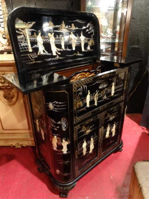 Chinese Flip Top Bar Cabinet Black Lacquer With Carved