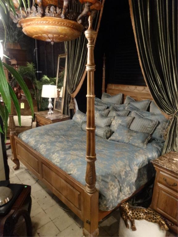 LEXINGTON KING 4 POSTER BEDROOM SET, MARBLE TOPS,: LEXINGTON KING 4 POSTER BEDROOM SET, MARBLE TOPS, INCLUDES HEADBOARD, FOOTBOARD, RAILS, PAIR MARBLE TOP NIGHTSTANDS, MARBLE TOP DRESSER, ARMOIRE, EXCELLENT CONDITION, STAMPED LEXINGTON FURNITURE MARK,