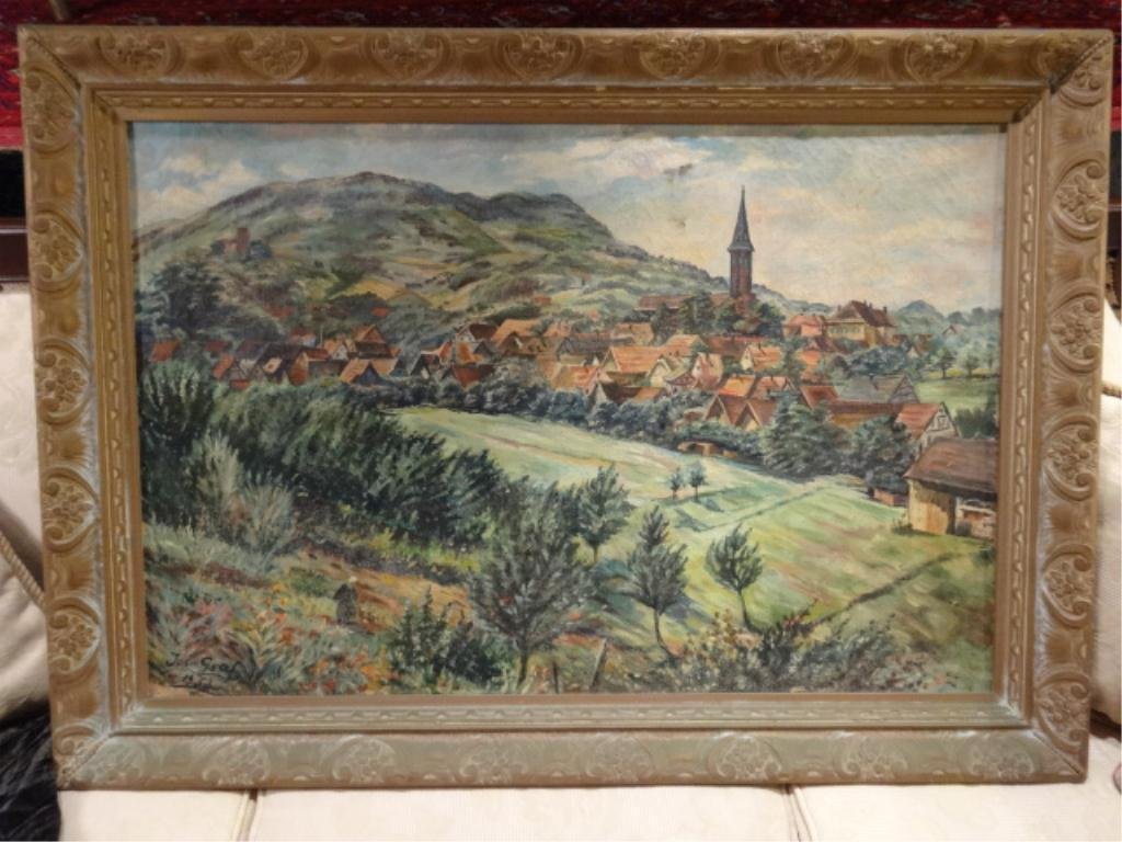 LARGE PAINTING ON CANVAS, LANDSCAPE WITH VILLAGE,: LARGE PAINTING ON CANVAS, LANDSCAPE WITH VILLAGE, SIGNED JOS GRAF 1953, APPROX 29.5" X 42" FRAMED, SKU411.09