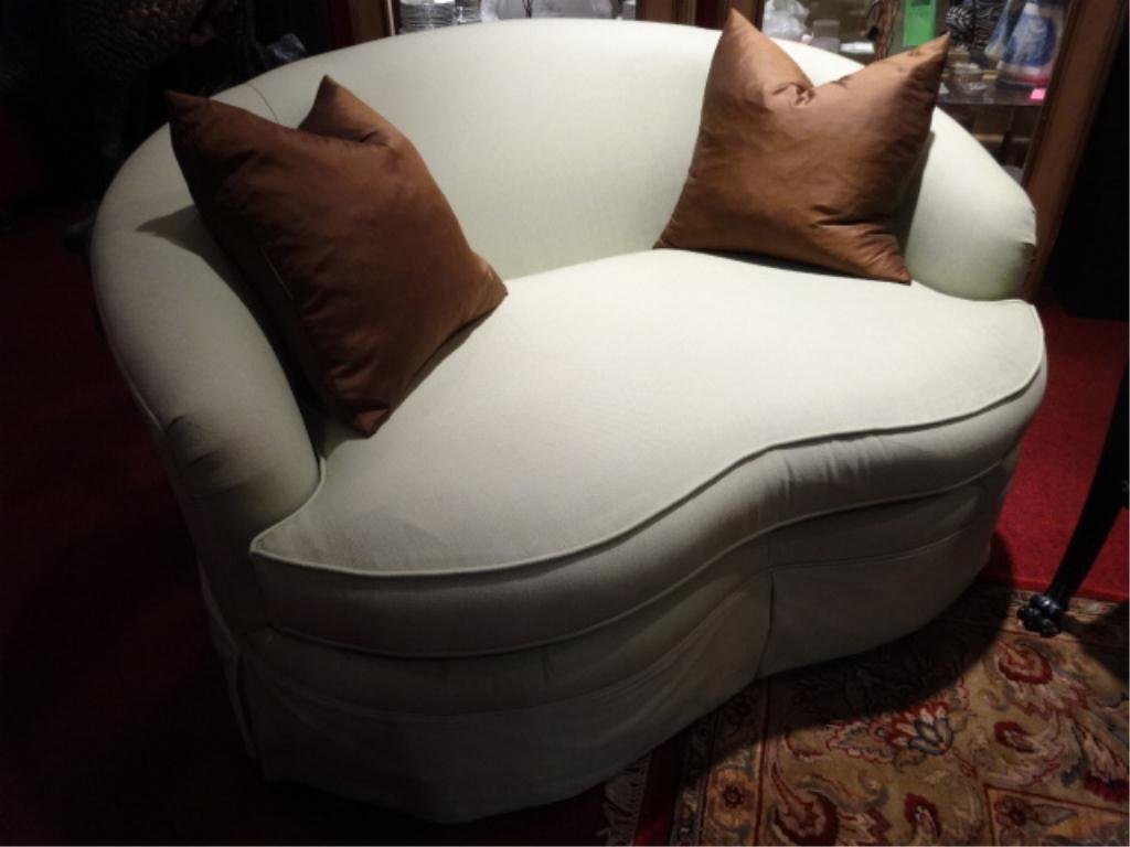 CURVED ARM LOVESEAT/CHAIR AND A HALF, SKIRTED BASE,: CURVED ARM LOVESEAT/CHAIR AND A HALF, SKIRTED BASE, WITH ACCENT CUSHIONS, LABELED TAYLOR B., EXCELLENT CONDITION