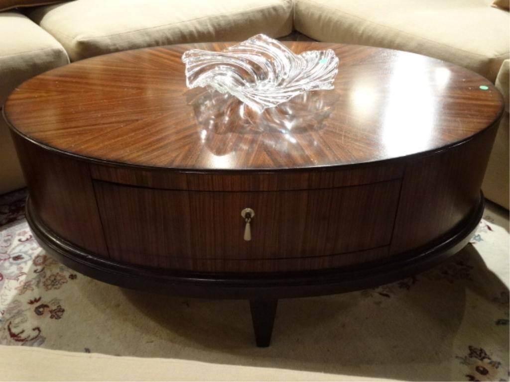 CONTEMPORARY OVAL WOOD COFFEE TABLE, DECO INSPIRED,: CONTEMPORARY OVAL WOOD COFFEE TABLE, DECO INSPIRED, BLACK FINISH LEGS, APPROX 4"W