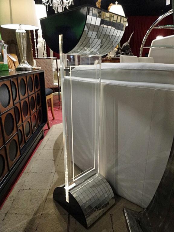 PIERRE CARDIN LIGHTED LUCITE PEDESTAL, CIRCA 1980's: PIERRE CARDIN LIGHTED LUCITE PEDESTAL, CIRCA 1980's WITH MIRRORED TILE ACCENTS, BLACK LUCITE TOP, ETCHED LUCITE BASE, APPROX 4'H, SKU7357.01