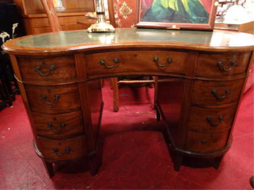 ANTIQUE MAHOGANY KIDNEY SHAPED DESK, GILT EMBOSSED - ANTIQUE MAHOGANY KIDNEY SHAPED DESK, GILT EMBOSSED