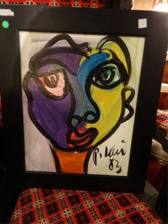 PETER KEIL SIGNED PAINTING ON BOARD, SIGNED AND DATED: PETER KEIL SIGNED PAINTING ON BOARD, SIGNED AND DATED LOWER RIGHT, SIGNED AND TITLED "MY FREIND PICASSO" ON VERSO, IN BLACK FRAME, 25" X 21" FRAMED, SKU474.4