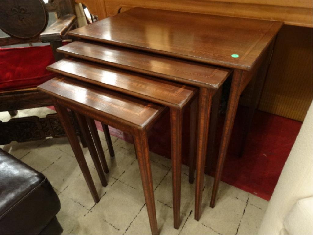 4 PC MAHOGANY NESTING/STACKING TABLES, BANDED EDGE,: 4 PC MAHOGANY NESTING/STACKING TABLES, BANDED EDGE, EXCELLENT CONDITION, LARGEST APPROX 22"W X 16"D
