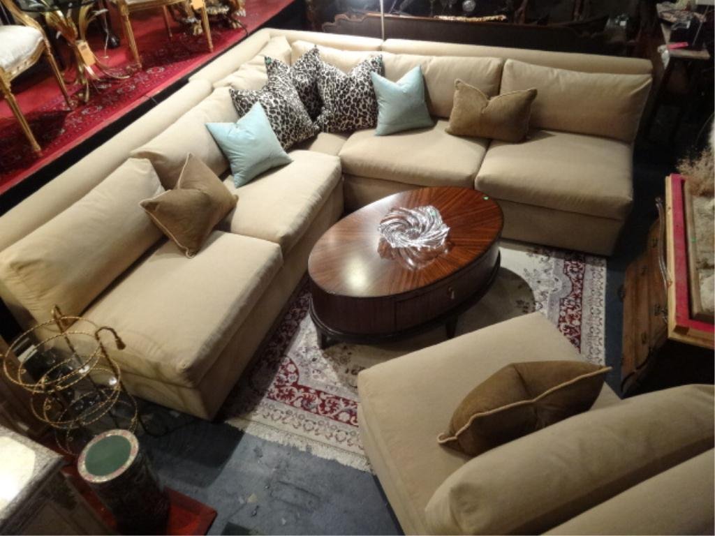 KREISS 4 PC SECTIONAL SOFA, IMMACULATE BEIGE GROSPOINT: KREISS 4 PC SECTIONAL SOFA, IMMACULATE BEIGE GROSPOINT UPHOLSTERY, THIS SECTIONAL IS IN THE CURRENT KREISS CATALOG, INCLUDES TWO 2 SEAT SECTIONS, ONE CORNER SECTION, AND ONE SLIPPER CHAIR SECTION, ALS