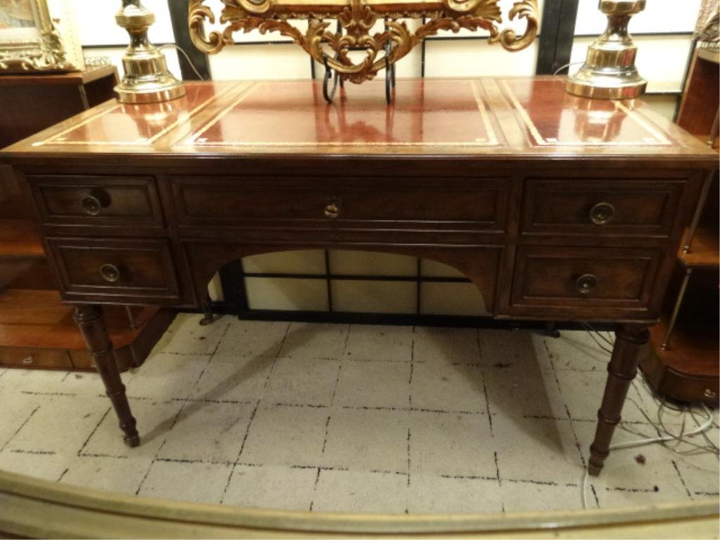 VINTAGE BAKER FURNITURE LEATHER TOP DESK, 5 DRAWERS,