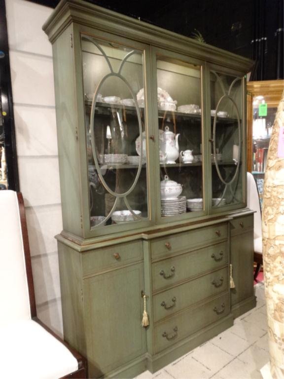 VINTAGE BUBBLE GLASS BREAKFRONT, PALE GREEN FINISH,: VINTAGE BUBBLE GLASS BREAKFRONT, PALE GREEN FINISH, LEATHER TOP DROPFRONT DESK, APPROX 6' X 7', SKU429.02