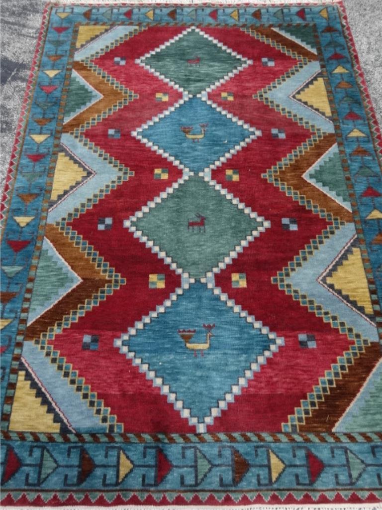 LARGE ANTIQUE WOOL RUG, NW AFGHANISTAN TRIBAL PATTERN,: LARGE ANTIQUE WOOL RUG, NW AFGHANISTAN TRIBAL PATTERN, RED AND BLUE, APPROX 95" X 66", SKUAS