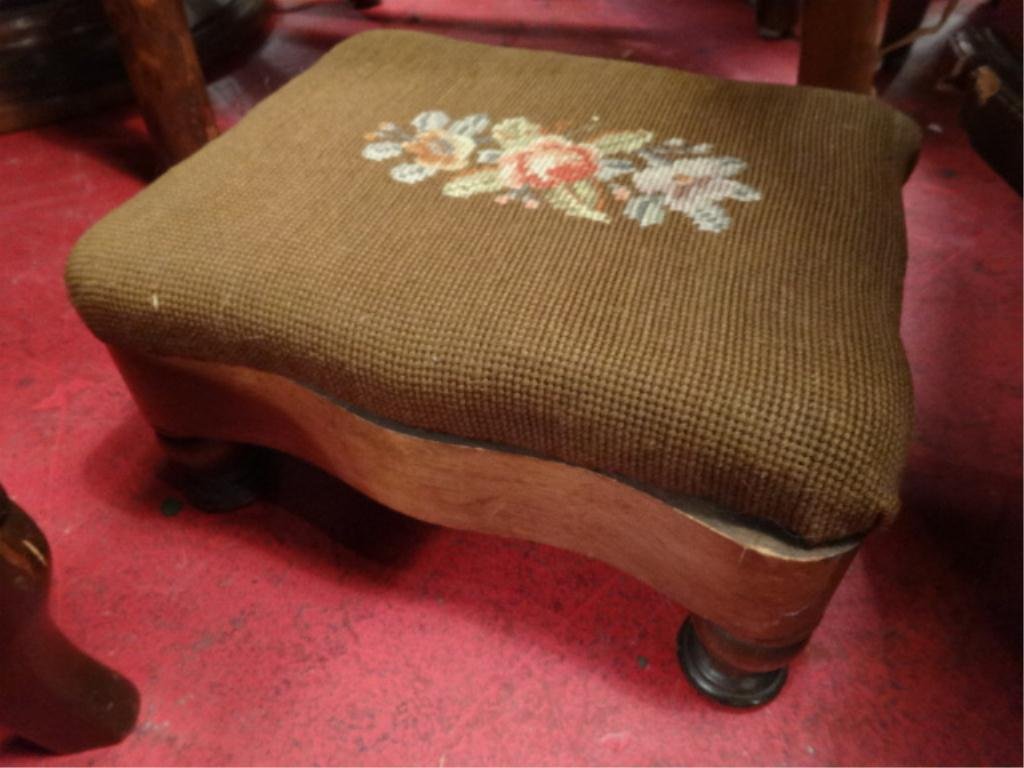ANTIQUE FOOTSTOOL, EMBROIDERED BROWN TOP, APPROX 10"W: ANTIQUE FOOTSTOOL, EMBROIDERED BROWN TOP, APPROX 10"W