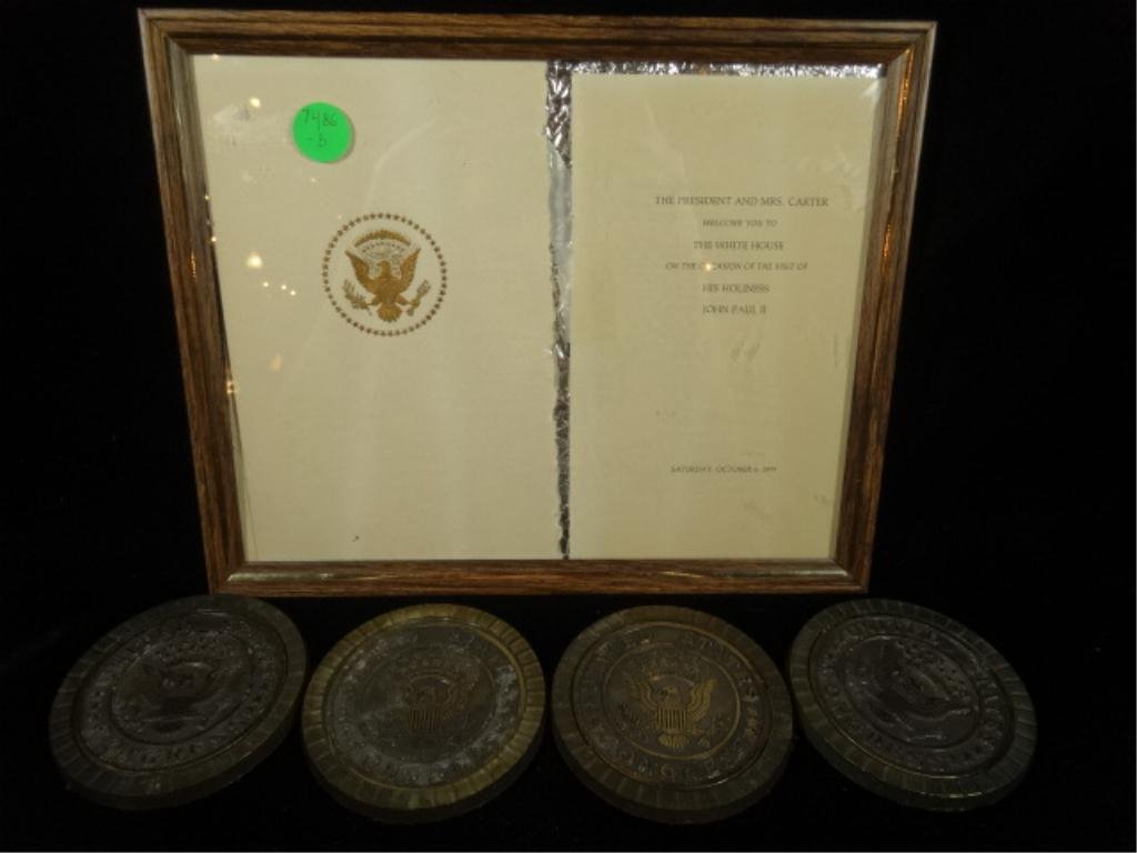5 PC POLITICAL MEMORABILIA - INVITATION TO THE WHITE: 5 PC POLITICAL MEMORABILIA - INVITATION TO THE WHITE HOUSE IN 1979 APPROX 8.25" X 10.25" FRAMED, 4 CONGRESSIONAL COASTERS APPROX 3.25" DIAMETER, SOLD TOGETHER, SKU7486.05