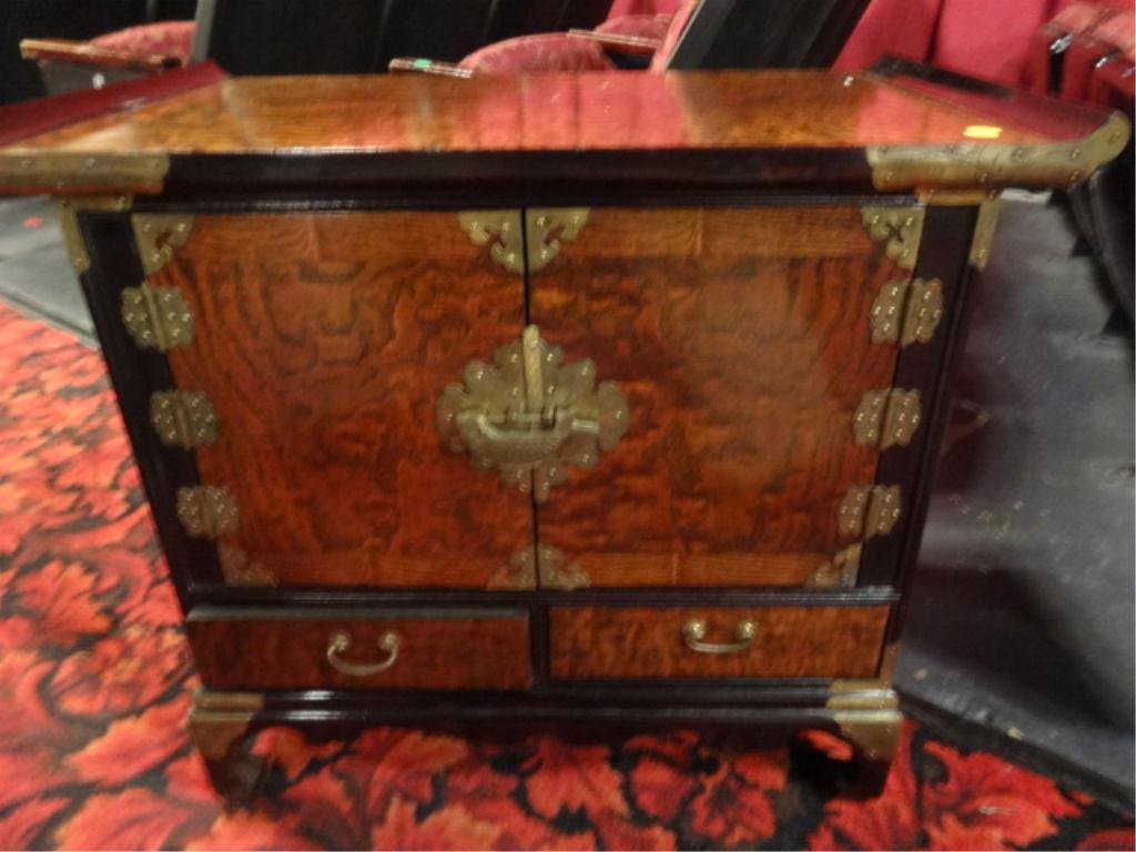 CHINESE STYLE WOOD CHEST, 2 DOORS, BRASS ACCENTS,: CHINESE STYLE WOOD CHEST, 2 DOORS, BRASS ACCENTS, HINGES, AND LOCK, APPROX 2.5'W