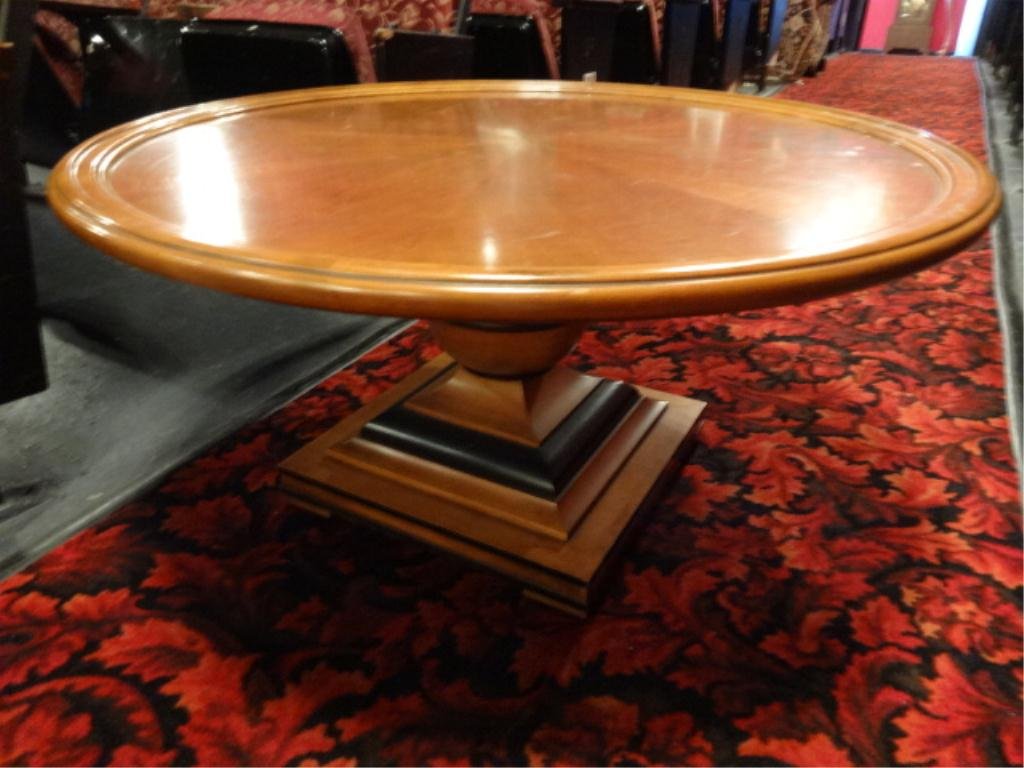 NEOCLASSICAL ROUND COFFEE TABLE, BLACK ACCENTED BASE,: NEOCLASSICAL ROUND COFFEE TABLE, BLACK ACCENTED BASE, APPROX 32"DIAMETER