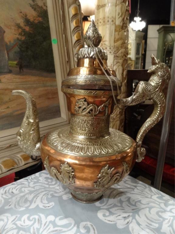 COPPER AND BRASS KETTLE, MIDDLE EASTERN, APPROX 17"H,: COPPER AND BRASS KETTLE, MIDDLE EASTERN, APPROX 17"H, SKU494.53
