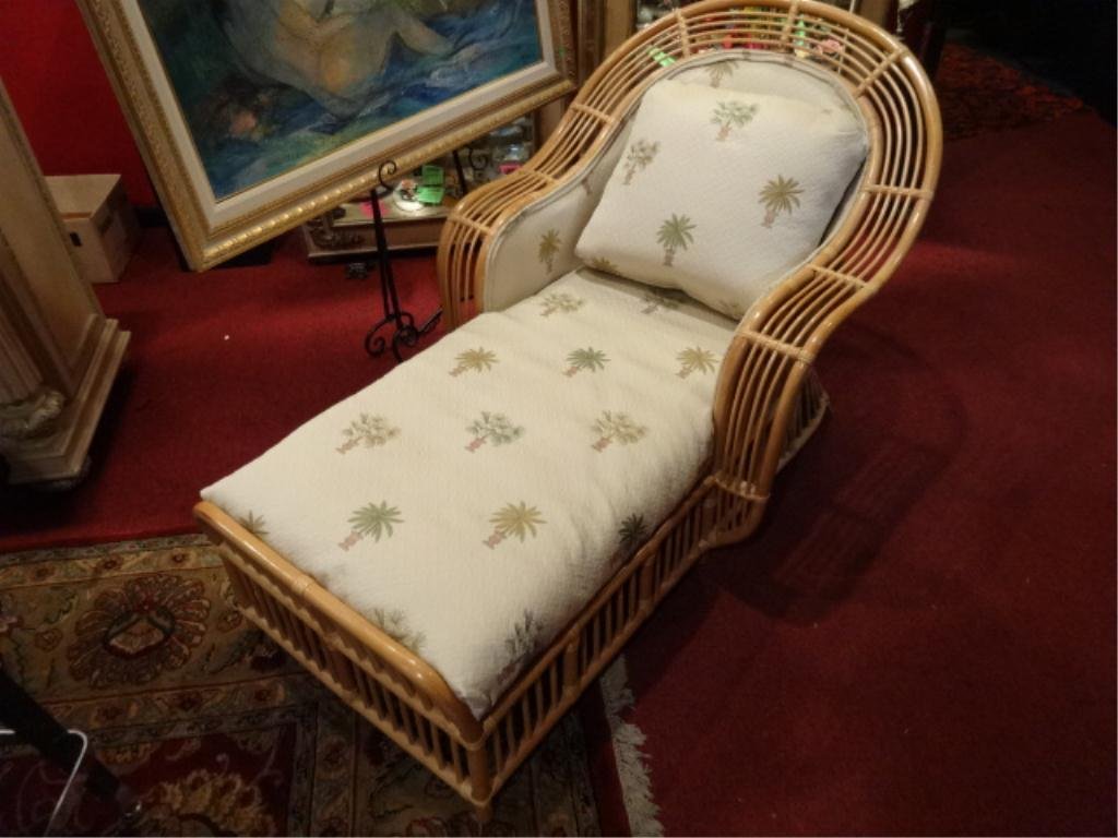 RATTAN CHAISE WITH PALM PRINT CUSHIONS, #1 OF TWO: RATTAN CHAISE WITH PALM PRINT CUSHIONS, #1 OF TWO AVAILABLE, EACH SOLD SEPARATELY, EXCELLENT CONDITION