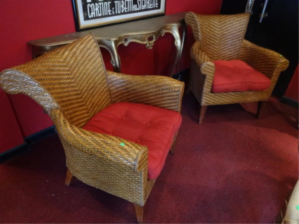 PAIR RATTAN ARMCHAIRS, RED SEAT CUSHIONS, SKU431.25: PAIR RATTAN ARMCHAIRS, RED SEAT CUSHIONS, SKU431.25