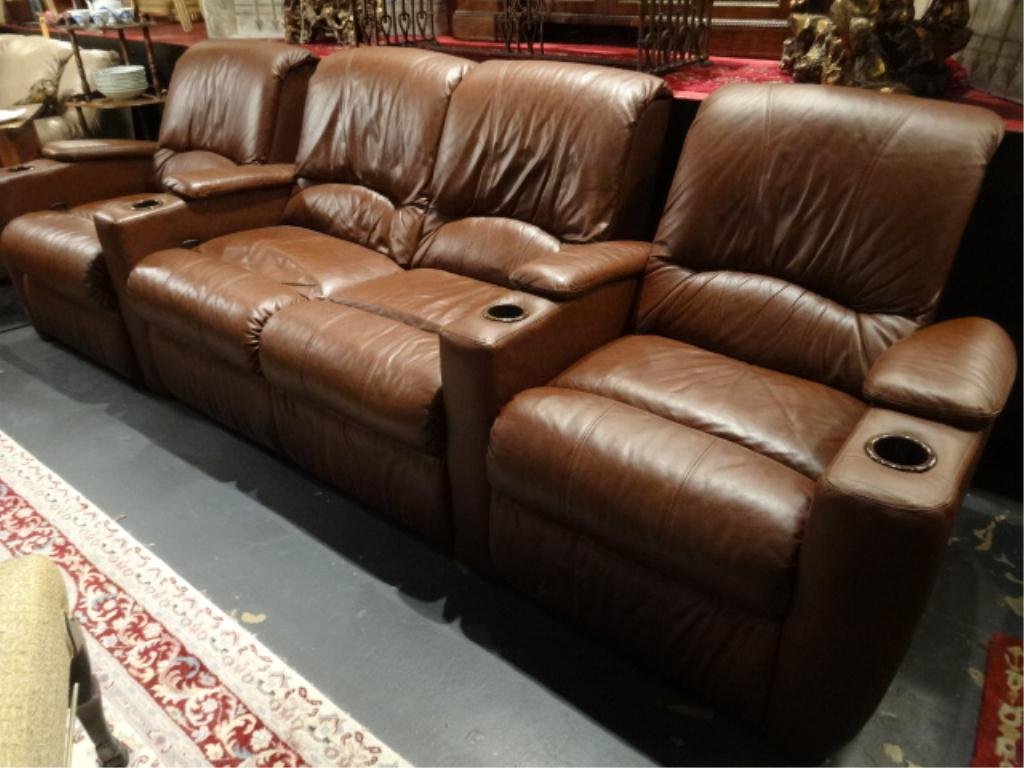 3 PC LANE LEATHER RECLINING THEATER SEATS WITH: 3 PC LANE LEATHER RECLINING THEATER SEATS WITH CUPHOLDERS, INCLUDES CENTER LOVESEAT FLANKED BY 2 SINGLE SEATS, BROWN LEATHER, VERY GOOD CONDITION