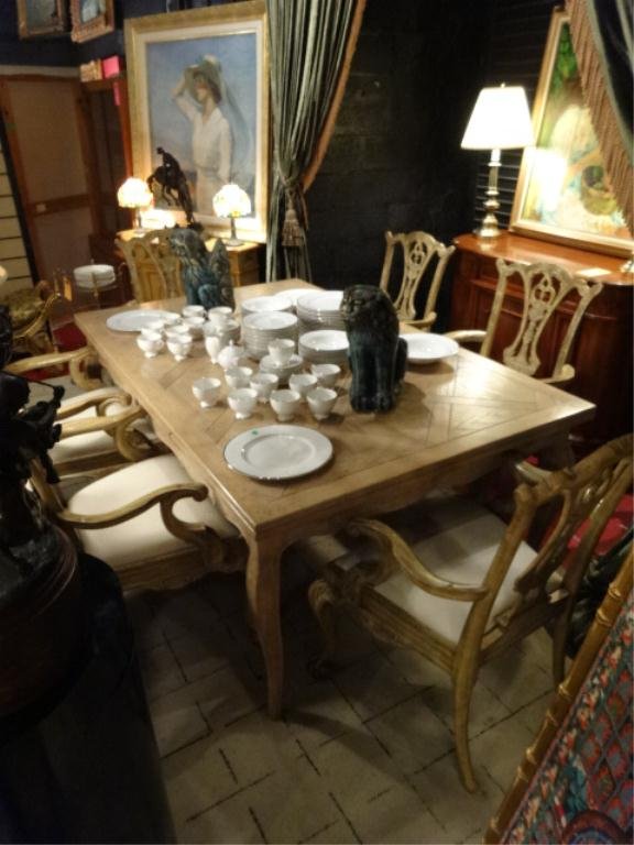 FRENCH STYLE DRAW LEAF DINING TABLE, PICKLED LIGHT: FRENCH STYLE DRAW LEAF DINING TABLE, PICKLED LIGHT FINISH, 2 DRAW LEAVES EXTEND TABLE 20" EACH SIDE