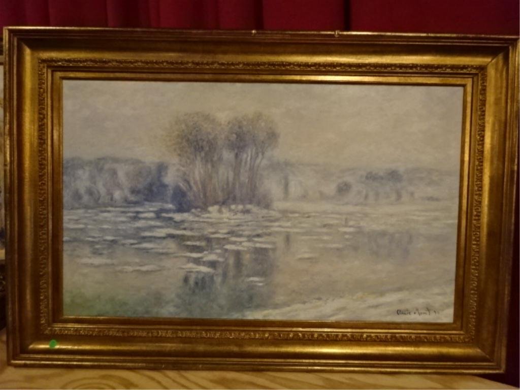 CLAUDE MONET REPRODUCTION OIL ON CANVAS, "GLAÇONS,: CLAUDE MONET REPRODUCTION OIL ON CANVAS, "GLAÇONS, EFFET BLANC", 32" X 46.5" FRAMED, SKU489.35