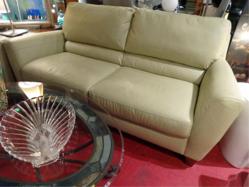 NATUZZI MODERN LEATHER SOFA, PALE PISTACHIO COLOR: NATUZZI MODERN LEATHER SOFA, PALE PISTACHIO COLOR LEATHER, #1 OF TWO AVAILABLE, EACH SOLD SEPARATELY, EXCELLENT LIKE NEW CONDITION