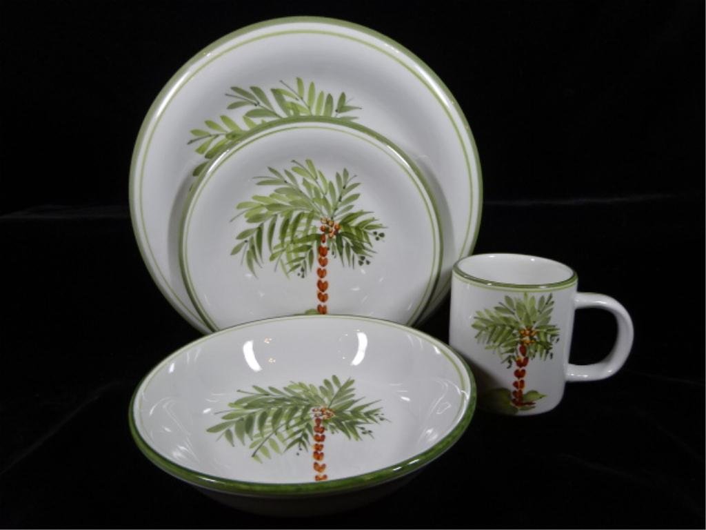 26 PC GIBSON ELITE PALM MOTIF STONEWARE SERVICE,: 26 PC GIBSON ELITE PALM MOTIF STONEWARE SERVICE, INCLUDES 6 PLATES, 6 SALAD, 6 BOWLS, 6 MUGS, CREAMER, SUGAR, EXCELLENT CONDITION, SKU 7496