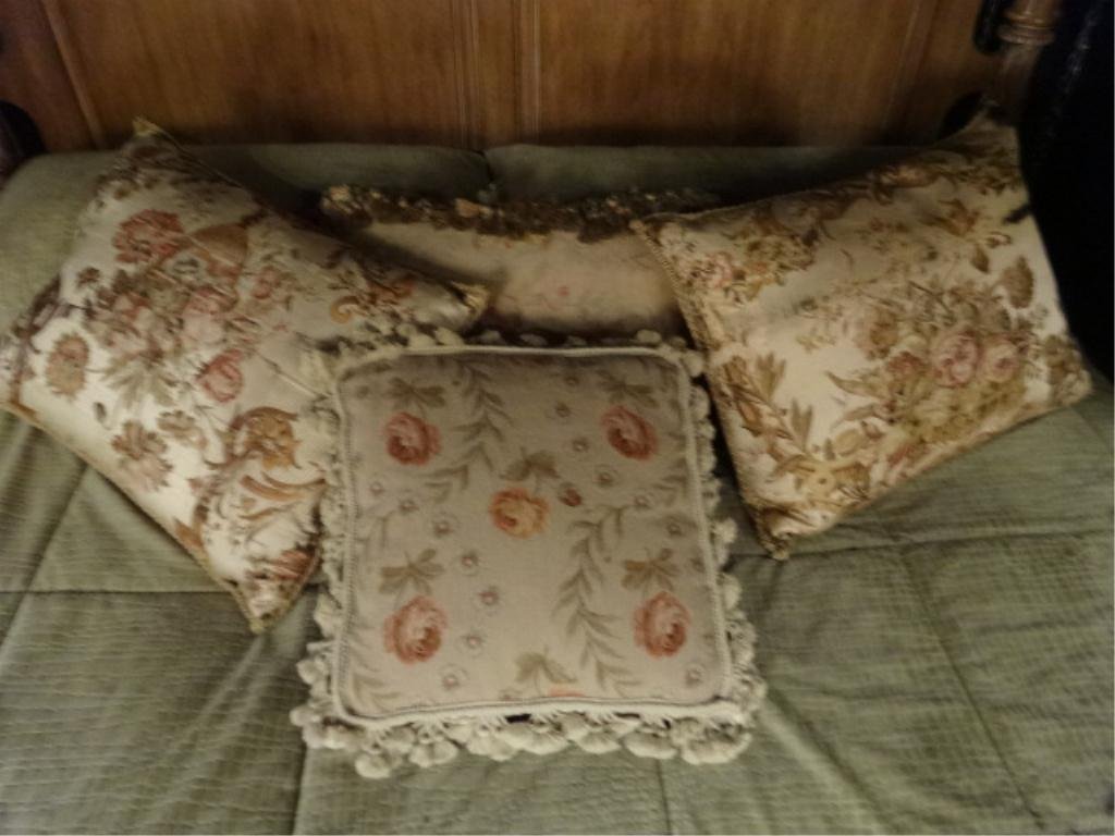4 PILLOWS: 2 19TH CENTURY AUBUSSON TAPESTRY PILLOWS,: 4 PILLOWS: 2 19TH CENTURY AUBUSSON TAPESTRY PILLOWS, FLORALS WITH URNS + 2 MODERN DESIGN FLORAL PILLOWS, EXCELLENT CONDITION, LARGEST APPROX 21"W, SKUAS