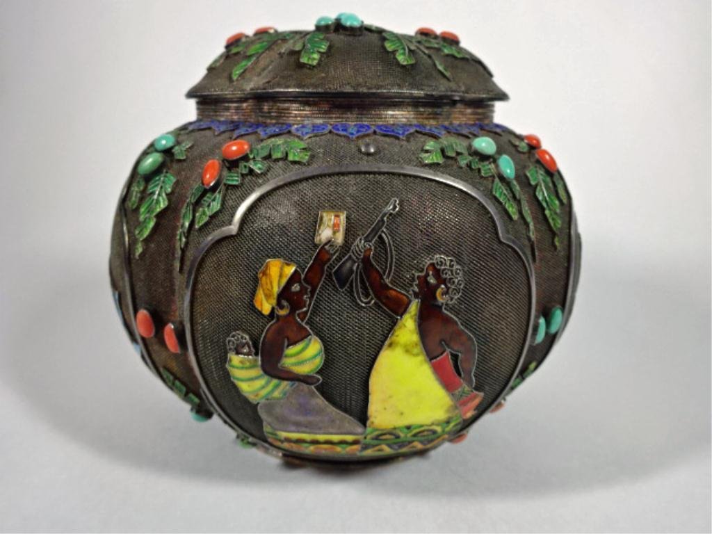 CHINESE SILVER-GILT FILIGREE COVERED URN, ENAMELED,: CHINESE SILVER-GILT FILIGREE COVERED URN, ENAMELED, FINE FILIGREE WORK, MARKED SILVER, APPROX 585 GRAMS, APPROX 4.5" X 5", SKU7496.128