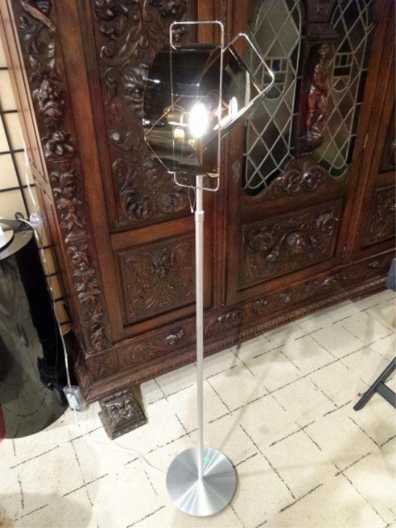 MODERN "GLOSS 57" FLOOR LAMP, DESIGNER PABLO PARDO, 2: MODERN "GLOSS 57" FLOOR LAMP, DESIGNER PABLO PARDO, 2 DIRECTIONAL HALOGEN LIGHTS, NEW NOT USED, FROM DCOTA DESIGN SHOWROOM, DUAL SMOKE ACRYLIC TILT SHADES, DIMMABLE SWITCH, METAL BASE, APPROX 48"H